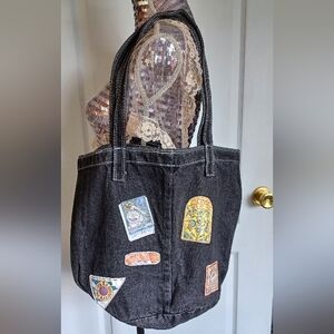 VINTAGE BLACK DENIM TOTE BAG W/STITCHED ON VINYL PATCHES HOOK & LOOP CLOSURE